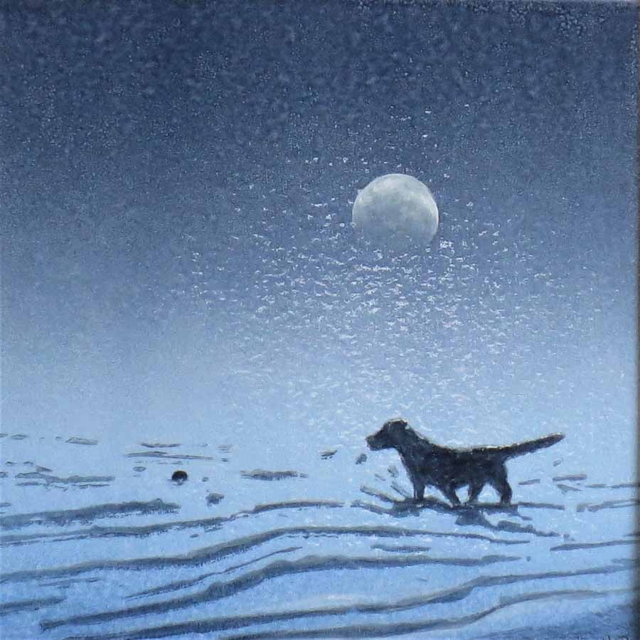 Original lino print full moon and dog at the seaside