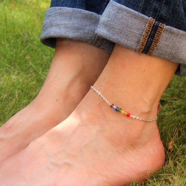 Silver plated chakra crystal ankle bracelet