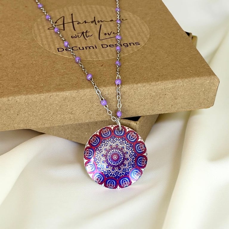 Magenta necklace geometric 25mm purple round pendant, handmade jewellery (MP391)