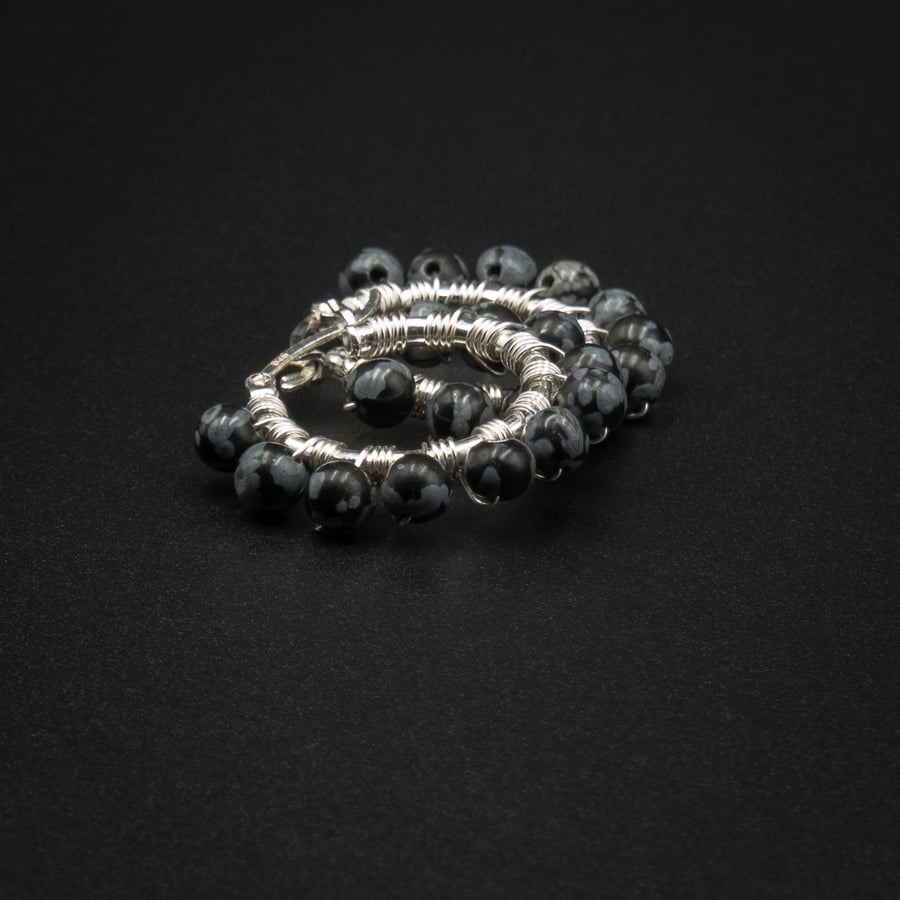 Snowflake obsidian sterling silver handmade black grey hoop ear : Capricorn gift