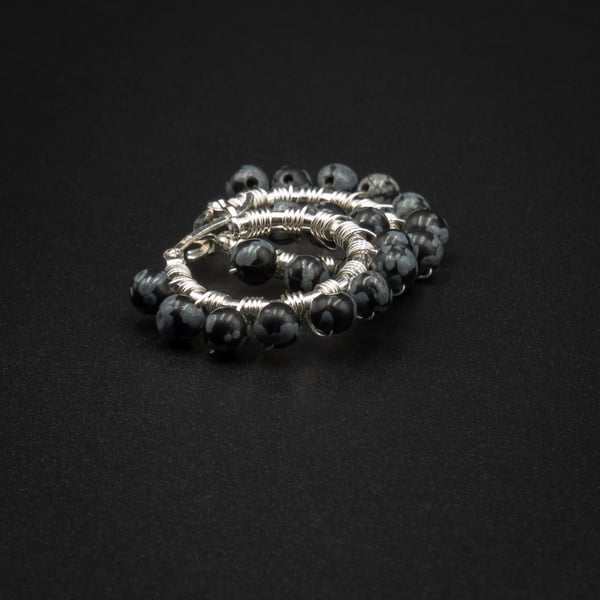 Snowflake obsidian sterling silver handmade black grey hoop ear : Capricorn gift