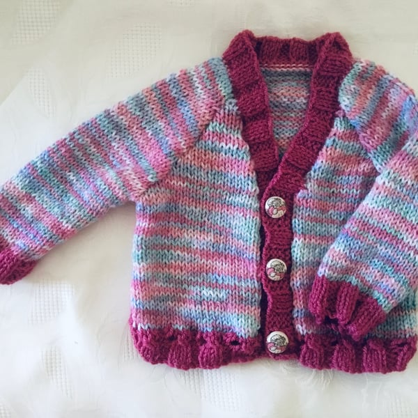 Hand knitted Baby girls cardigan in a Raspberry pink mix yarn 3-6 Months 