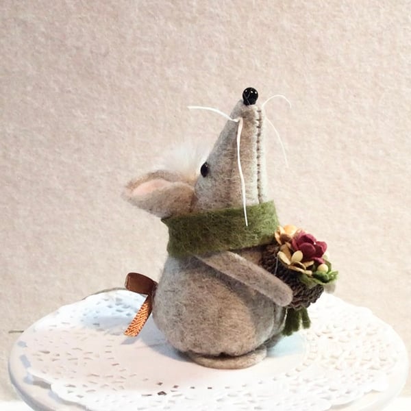 Little Grey Felt Mouse with Autumn Bouquet. Handmade Home Decor, Gift