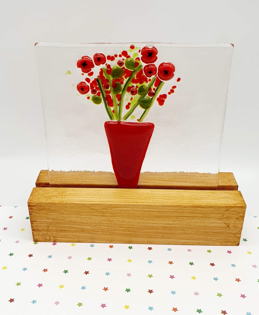 Fused Glass ‘Everlasting Flower’s In A Vase’ on a Wooden Stand