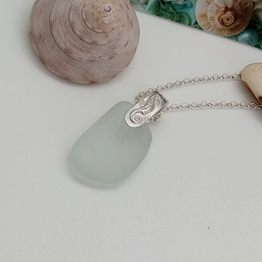 Seahorse pendant seaham sea glass seafoam sterling silver