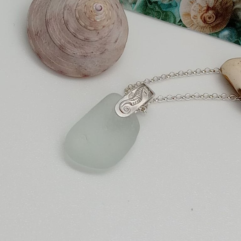 Seahorse pendant seaham sea glass seafoam sterling silver