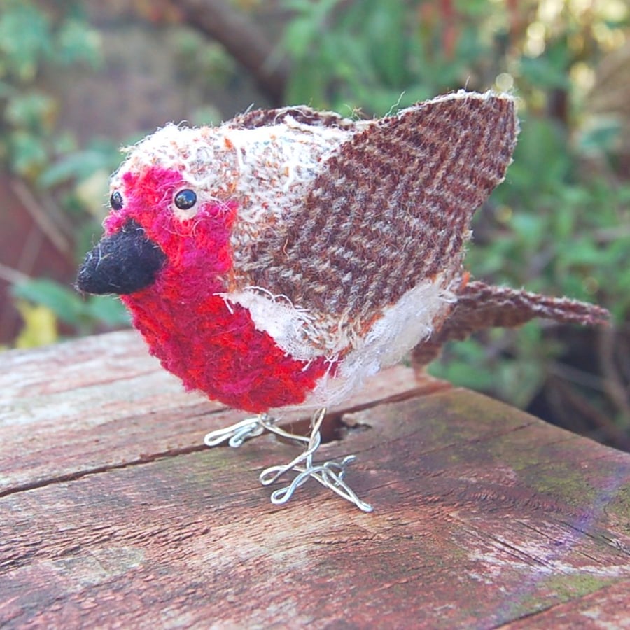 Textile art Fabric Robin.  Wool tweed fabric feathers, wool core body, 
