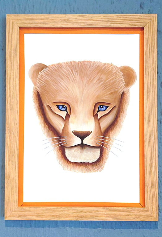 Framed A3 Print Colourful Lion Head Portrait Orange Border Made in UK 