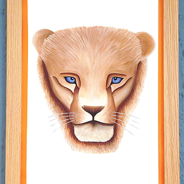 Framed A3 Print Colourful Lion Head Portrait Orange Border Made in UK 