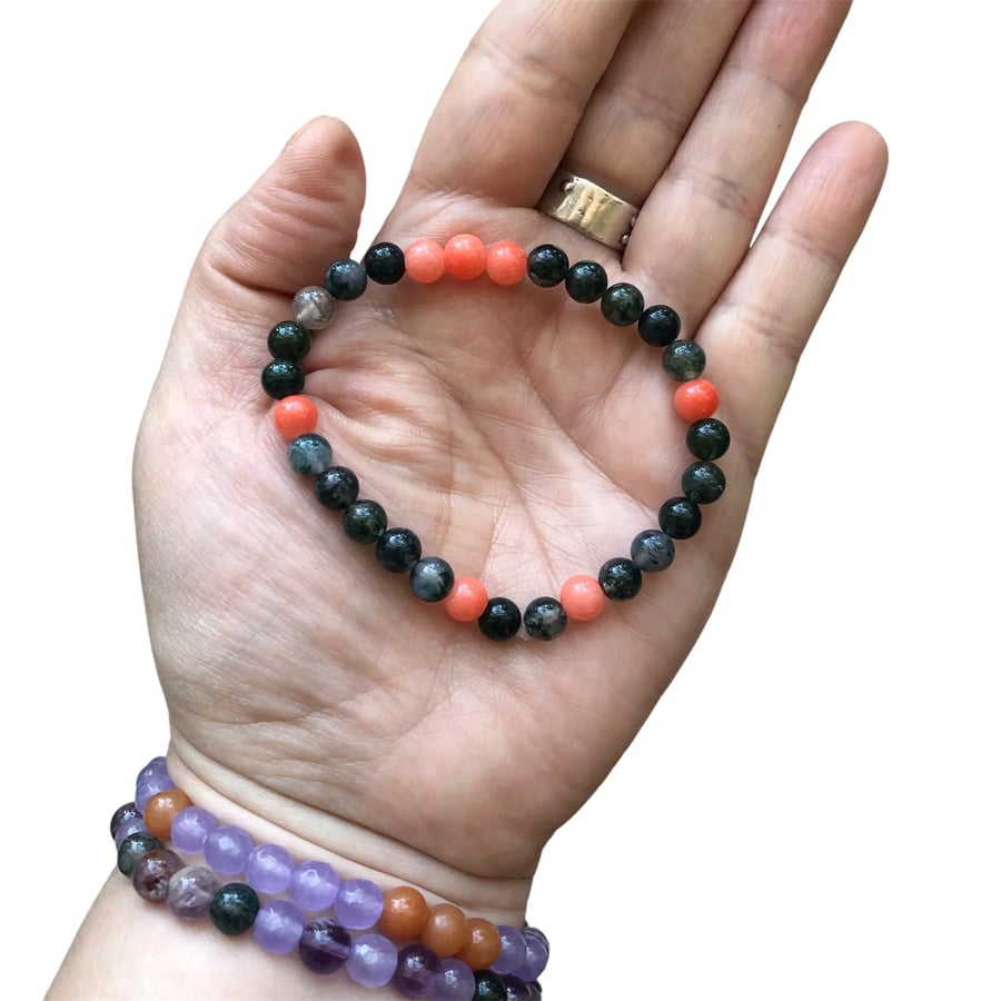 Red Jade and Moss Agate Boho Beaded Bracelet