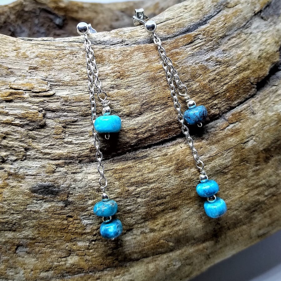 Genuine Turquoise Sterling Silver Chain Dangle Earrings.