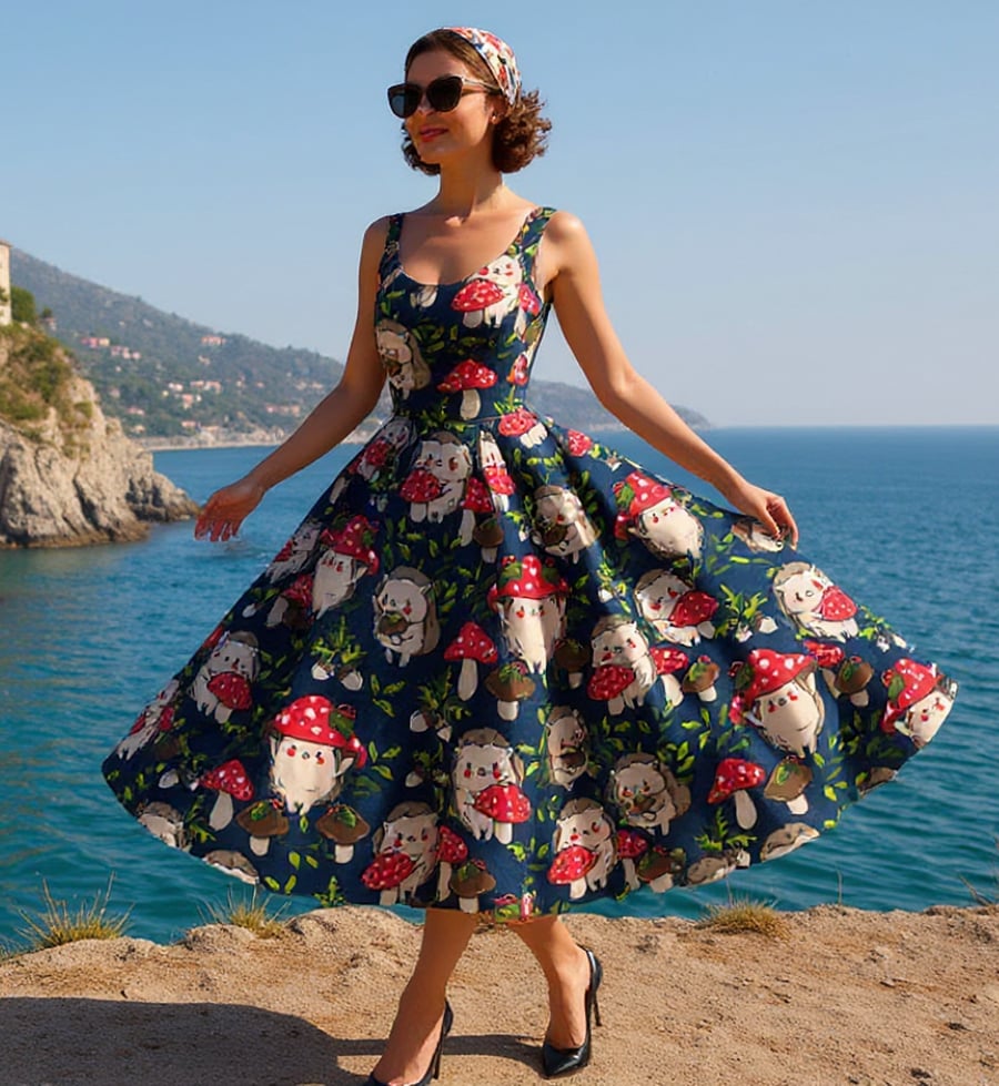 1950s Vintage Retro Rockabilly Hedgehog Print dress sizes 14-26 Navy