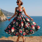 1950s Vintage Retro Rockabilly Hedgehog Print dress sizes 14-26 Navy