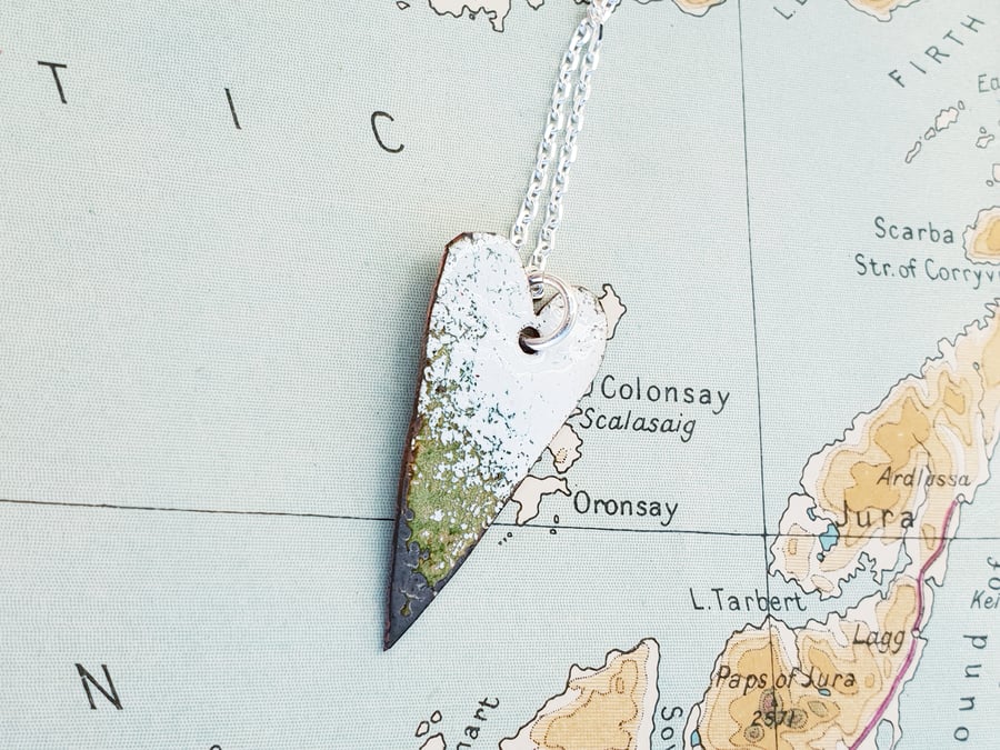 Small green and white raku fired enamel pendant necklace