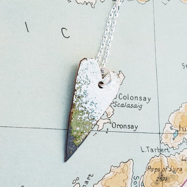 Small green and white raku fired enamel pendant necklace