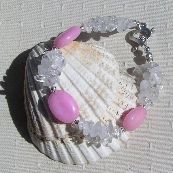 Rose Quartz & Clear Quartz Crystal Gemstone Beaded Chakra Bracelet "Ice Rose"