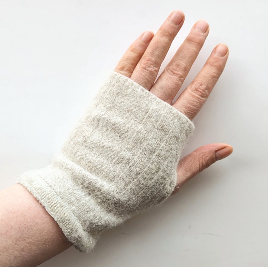Cream Wrist Warmers ribbed detail Upcycled from wool jumper 