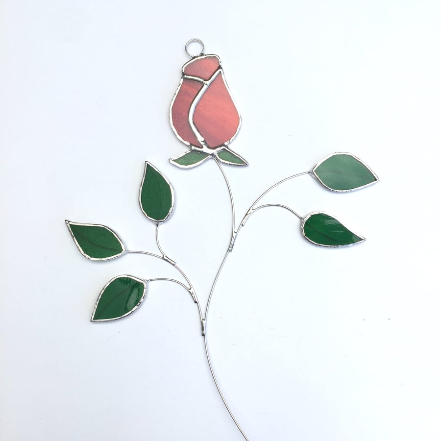 Stained Glass Rose Suncatcher Handmade Hanging Decoration - Red