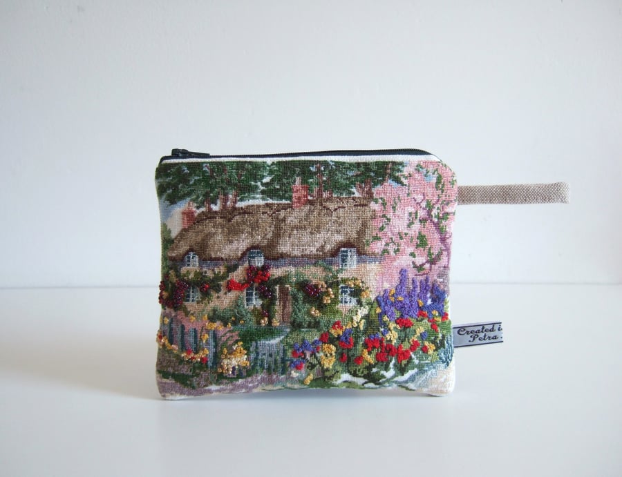  Vintage embroidery cottage garden special occasions purse or make up bag.