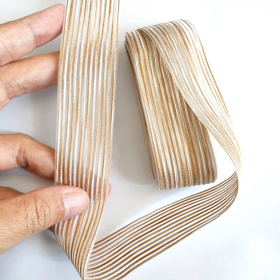 1m Brown Strip Lines Premium Organza Ribbon 25mm for Bow & Hair Accessories