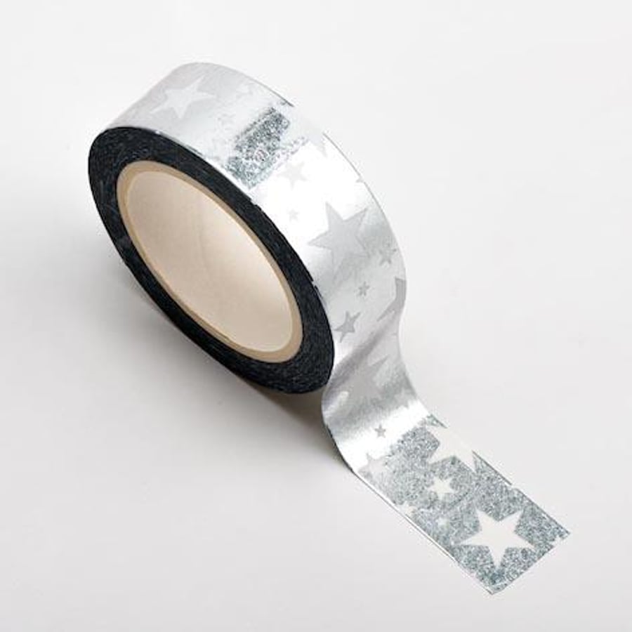 Silver Stars Foil Adhesive Washi Tape 15mm x 10m
