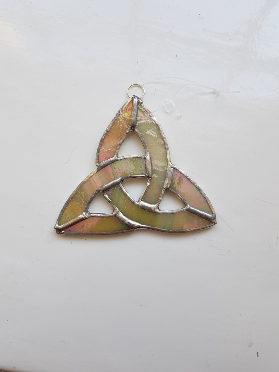 227 Stained Glass Small gold irridised Celtic Knot - handmade.