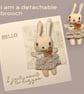 Card with attached brooch, valentine anniversary Easter love hugs rabbit hello