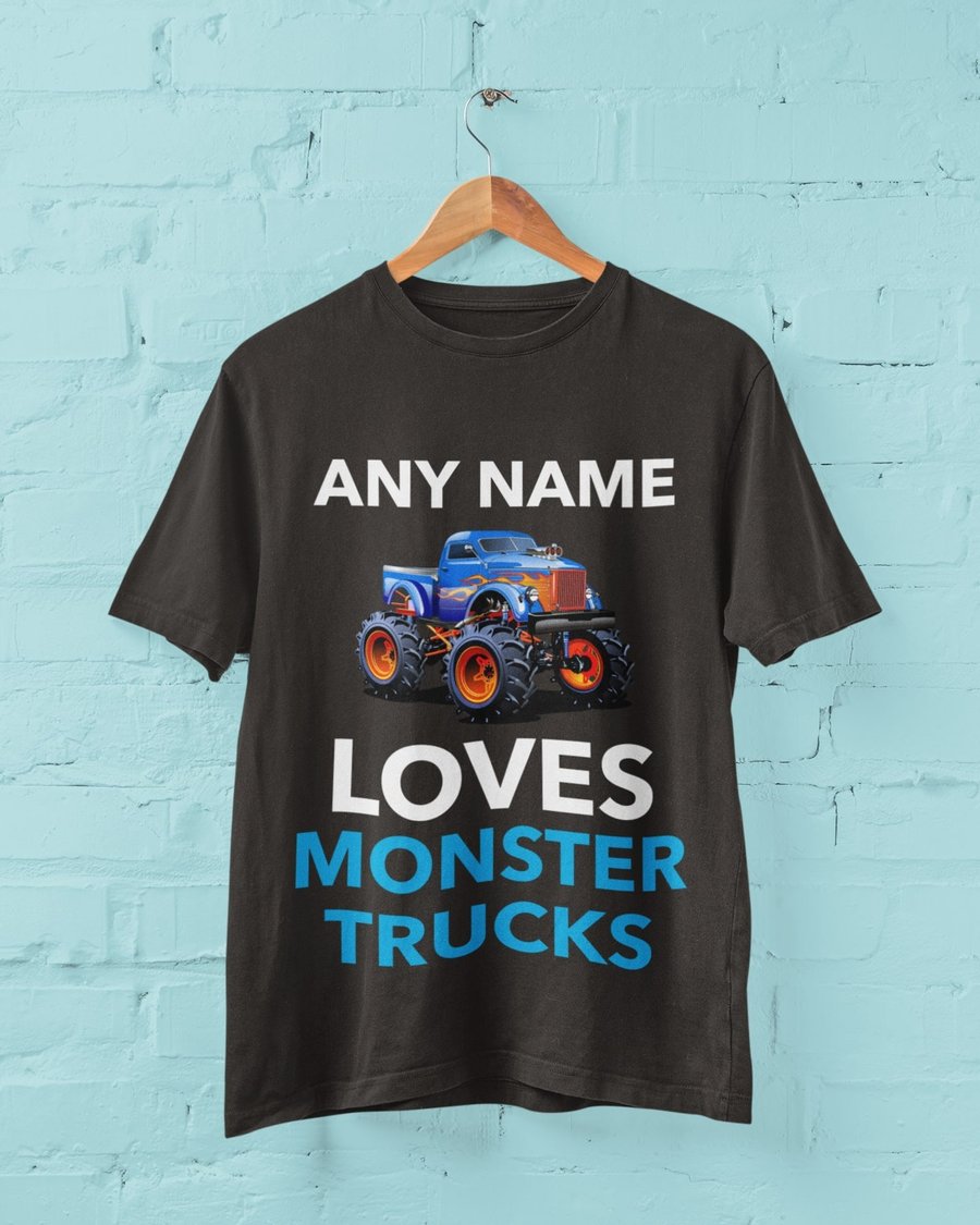 BOYS PERSONALISED Monster Truck T Shirt with any name printed and vehicle