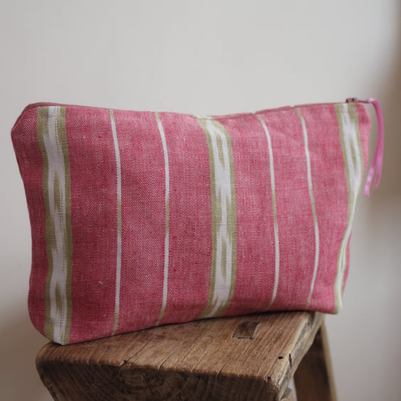 Raspberry and green striped zip up pouch - postage inc