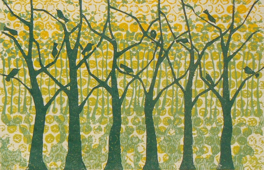 Summer Oak Wood linocut and monoprint