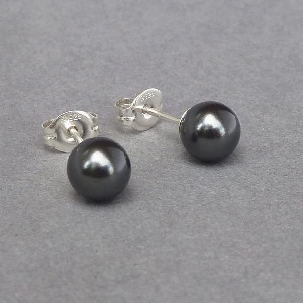 Black Swarovski Pearl Stud Earrings - Simple Everyday Dark Grey Studs - Gifts