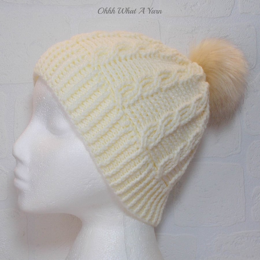 Crochet hat, beanie. Cream ladies cable pom pom hat. Ladies hat.