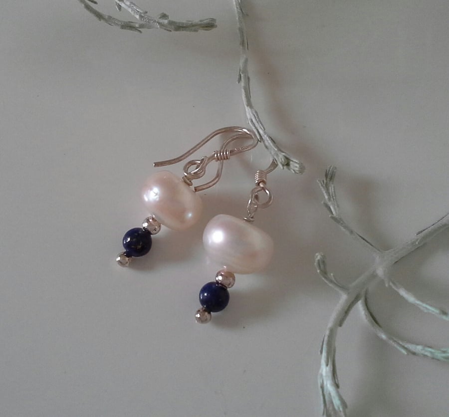 Button Freshwater Pearls & Lapis Lazuli Sterling Silver Earrings