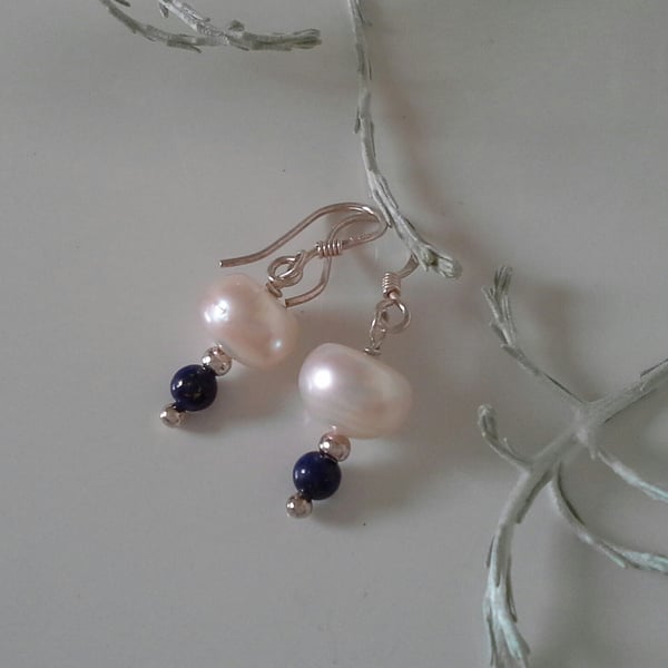 Dainty Button Freshwater Pearls & Lapis Lazuli Sterling Silver Earrings