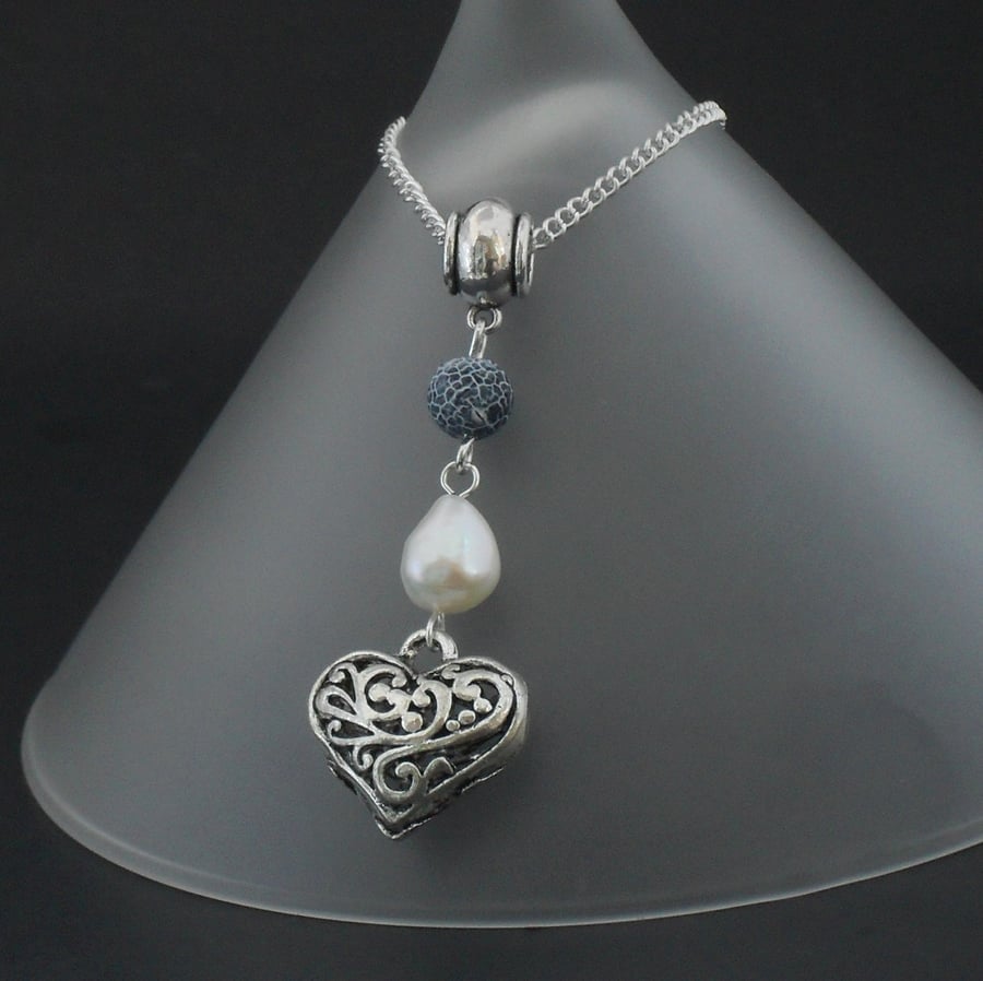 Black frost agate & white pearl necklace, with tibetan silver heart charm
