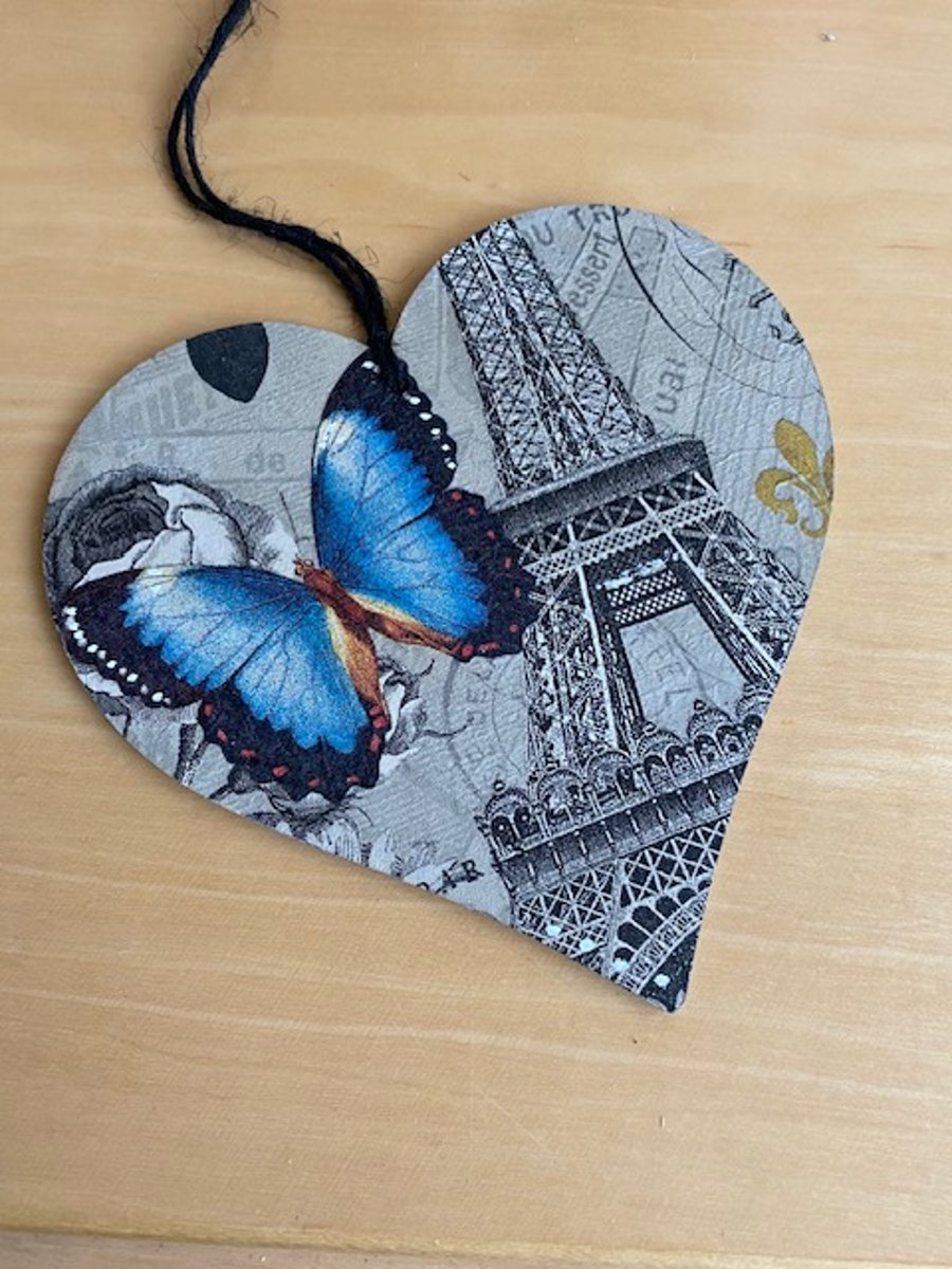 Blue Butterfly French Paris themed decoupage wooden heart