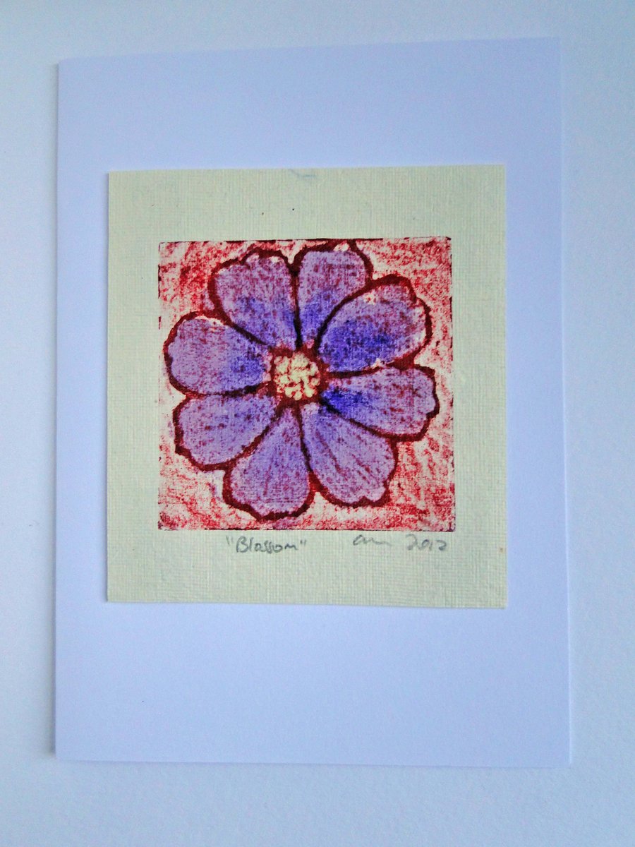 Purple Red Blossom Flower Blank Greeting Card Collagraph Print with Watercolour