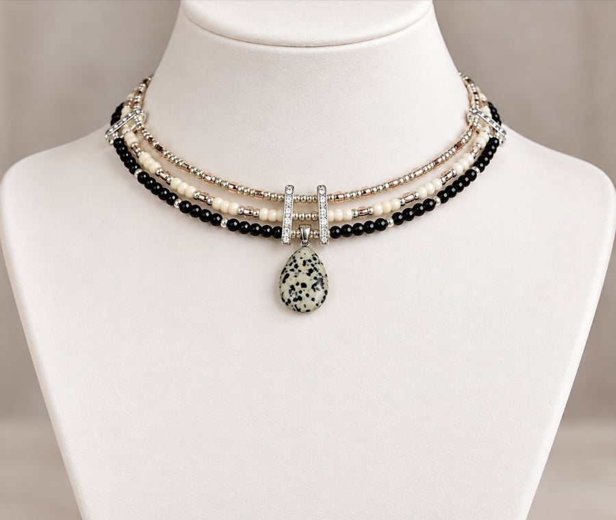 Midnight Dalmatian Handmade Multistrand Choker with Spotted Stone Pendant