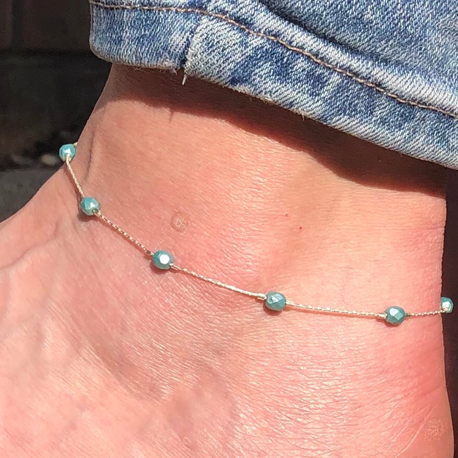 Turquoise Czech Glass Sterling Silver Anklet