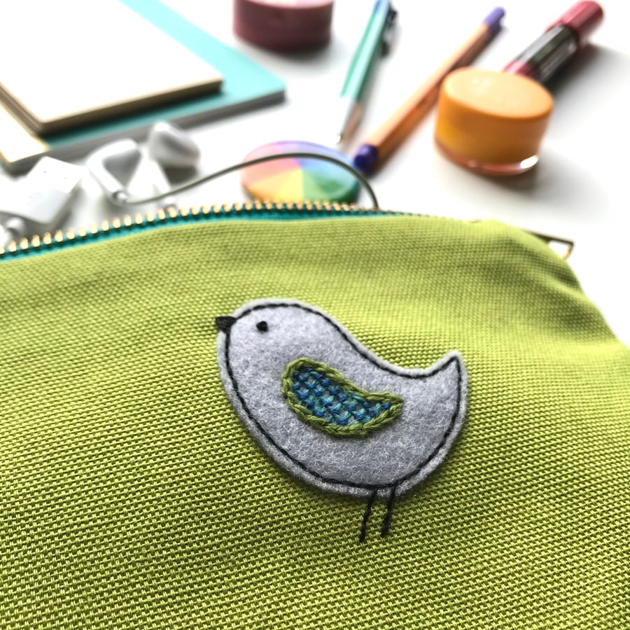 Zipped Purse Pouch with Hand Embroidered Bird Appliqué 
