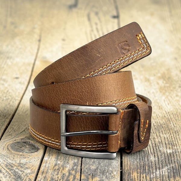 Men's Contrast Stitch Leather Belt - Silver Buckle 1.5 inches width