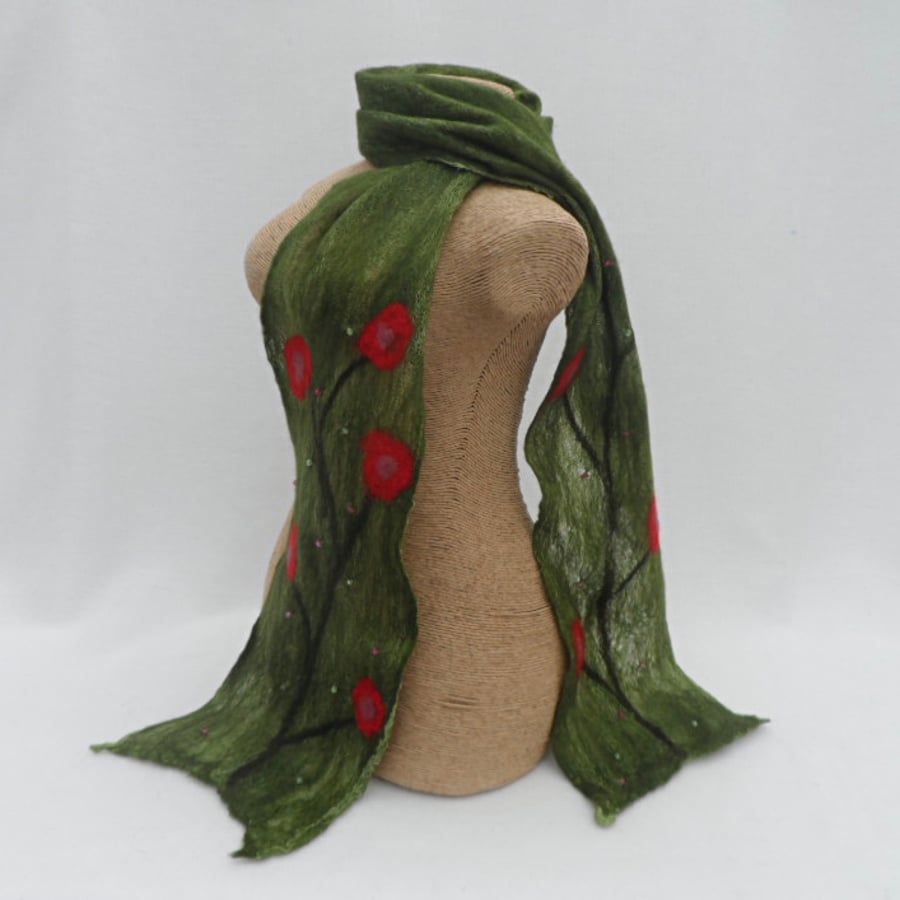Narrow beaded nuno felted scarf, wool on cotton, green with red flowers