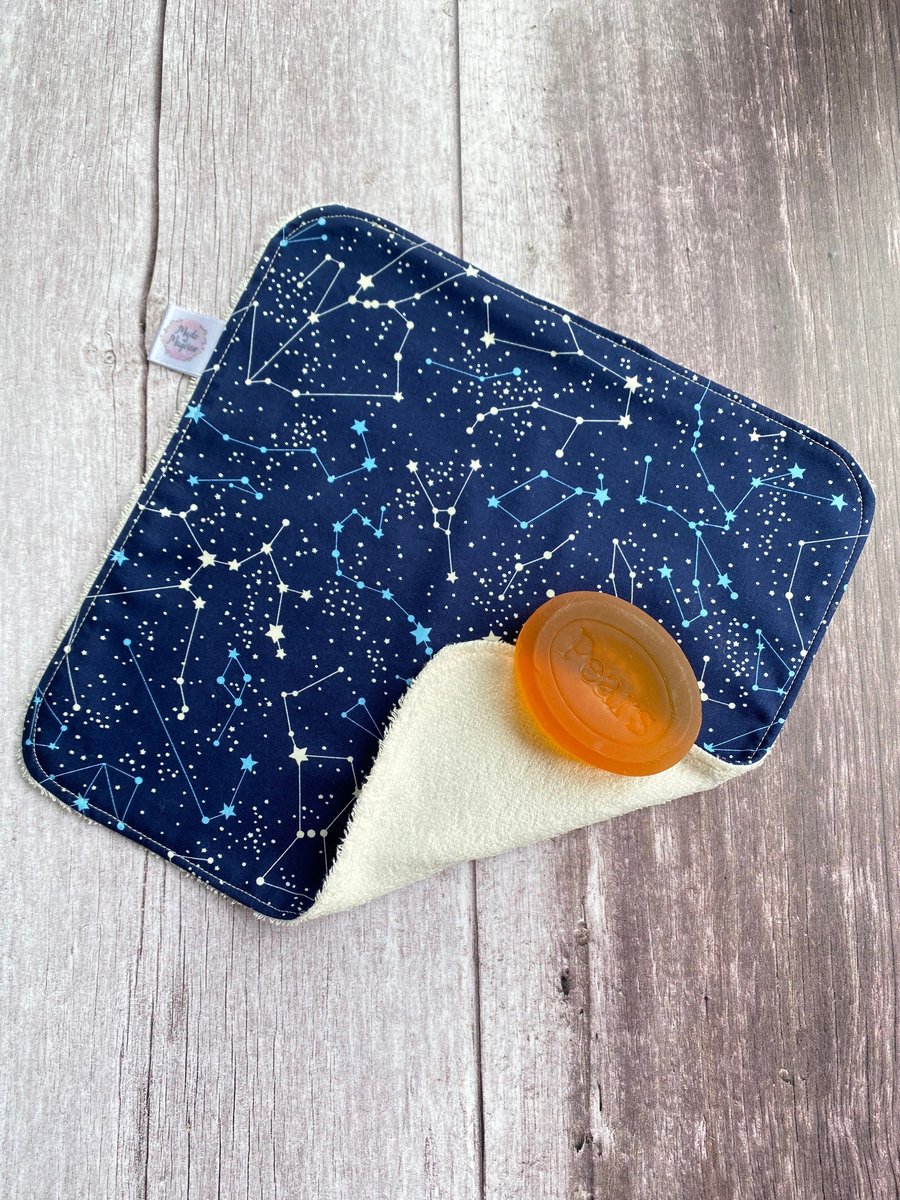 Organic Bamboo Cotton Wash Face Cloth Flannel Navy Blue Constellation Stars