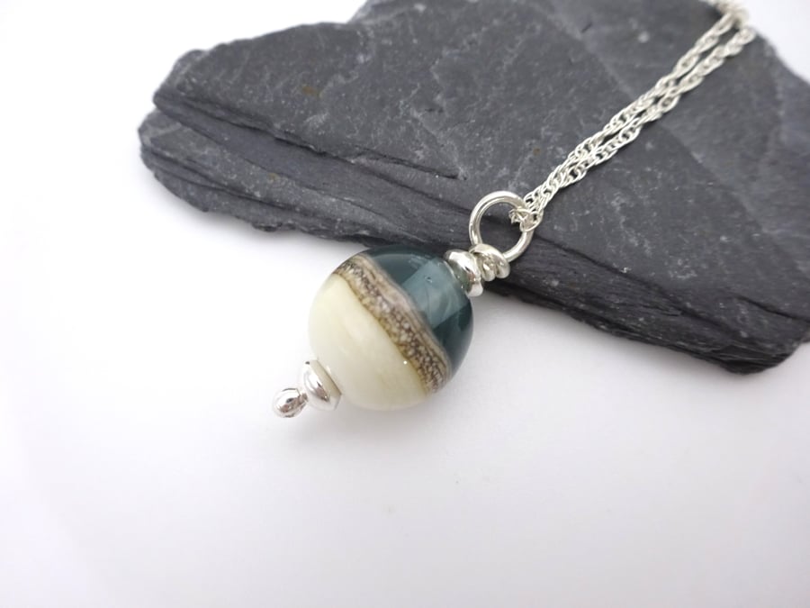 grey and ivory lampwork glass pendant necklace