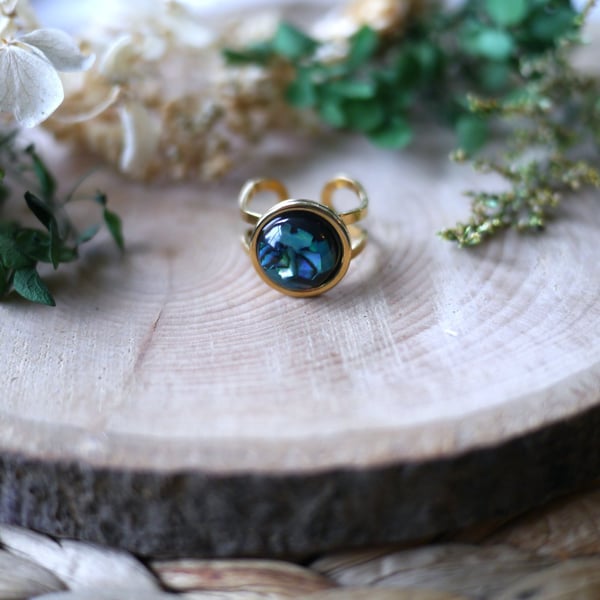 Abolone Shell and Resin Stainless Steel Adjustable Gold Ring