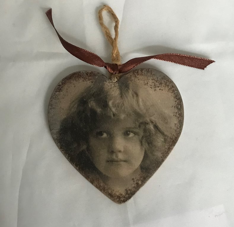 Hanging Heart Decoration Vintage Girl Small Sepia Decoupaged Unusual Tousled