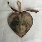 Hanging Heart Decoration Vintage Girl Small Sepia Decoupaged Unusual Tousled