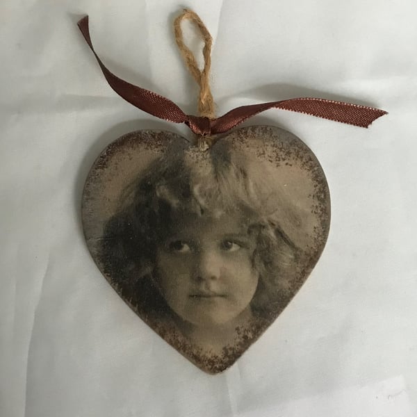 Hanging Heart Decoration Vintage Girl Small Sepia Decoupaged Unusual Tousled