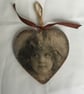 Hanging Heart Decoration Vintage Girl Small Sepia Decoupaged Unusual Tousled - Image 1