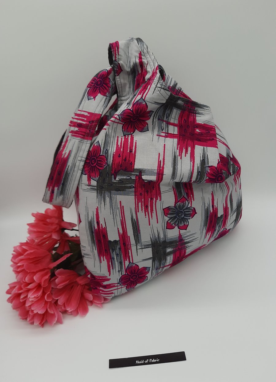 Japanese knot bag,  medium,  grey corduroy, reversible.  